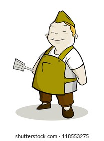 cartoon character of a fat chef wearing apron and holding spatula, vector illustration