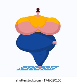 Cartoon character fat woman yoga and meditation relax time ,safe and calm stay at home 