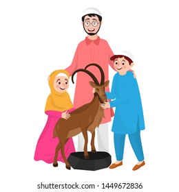 Cartoon character of father with his children and goat on white background.