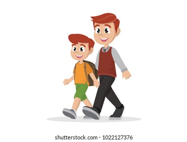 Cartoon character, Father leads son to school., vector eps10