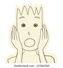 A cartoon character in fear(or great surprise), emotinal face with wide open eyes and mouth. Isolated on white.