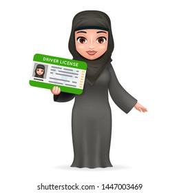 Cartoon character female arab car driver license woman traditional national muslim clothes retro design 3d vector illustration
