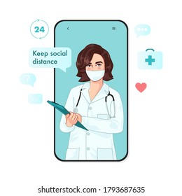 Cartoon character female doctor. Warning keep social distance. Health care online. Social distancing by using mobile phone. Isolated on white background.