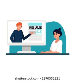 Cartoon character of female hiring manager looking at resume on computer. Human resource management representative. Selection of job candidates for interview. Vector
