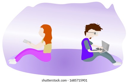 Cartoon  Character Female Sit Chatting Mobile Phone And The Man Sit Working Laptop, Both Of Them Sat Back. Concept  Work Form Home Or Social Distancing.