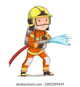  Cartoon character of fireman spraying a water hose.