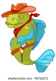 Caricatura: Fish Sheriff aislado en fondo blanco. Vector.