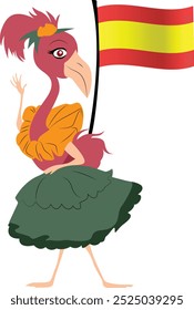 Um personagem de desenho animado de um flamingo vestindo um vestido de flamenco de dançarinos, segurando a bandeira da Espanha 