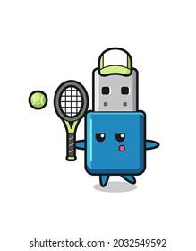 Caricatura de flash drive usb como jugador de tenis, diseño de estilo lindo para camiseta, pegatina, elemento logo