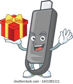 cartoon character of flashdisk with a box of gift