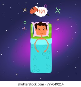 cartoon character, in a flat style, in the bed counts the sheep