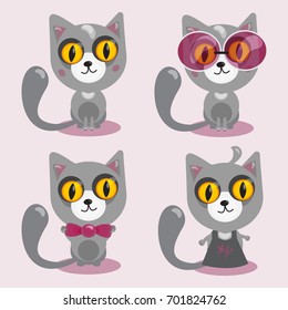 cartoon character in flat style . Cat sit in glasses, bowtie and hairdressers apron. Vector illustration
