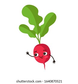 Cartoon character in the flat style. Cute funny radish with green tops.
