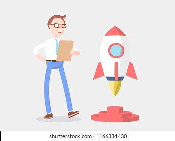personagem de desenho animado voa em um foguete no espaço. Ilustração vetorial