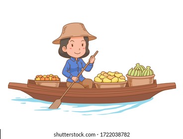 Cartoon character of floating market vendor rowing the boat.