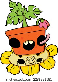 A cartoon character with a flower in his mouth and a mouth that has a worm on it.