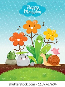 Cartoon Character Of Flowers And Animals Happiness In The Rain, Monsoon, Rainy Day, Season, Raindrop, Natural, Soaked