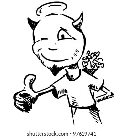 Cartoon character with flowers behind the back. Childish sketch vector illustration