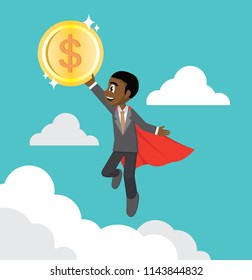 Cartoon character, Flying African businessman holding a coin.,vector eps10