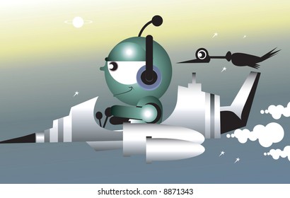 A cartoon character flying his jet with a bird	