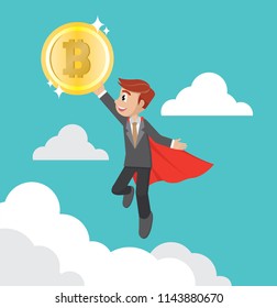 Cartoon character, Flying super hero  businessman holding bitcoin.,vector eps10