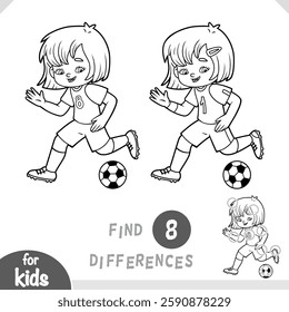 Cartoon character Football player girl with a ball. Find differences, educational game for children. Black and white activity worksheet