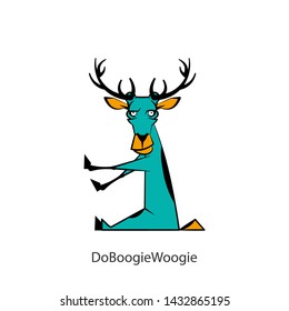 Cartoon character of a forest animal. A funny, cool deer with big horns sits cross-legged and grimaces. Vector illustration. Do boogie-woogie!