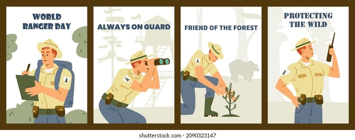 Cartoon character forest ranger in uniform protects wild life in flat vector illustration. Set of posters or flyers for World Ranger Day. Protection, care of trees, animals in national park