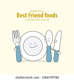 Cartoon character of Fork, Plate, Spoon, Knife illustration vector on pale yellow background. Best friend foods concept.