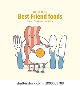 Cartoon character of Fork, Plate, Spoon, Knife, Bacon, Fried egg, illustration vector on pale yellow background. Best friend foods concept.