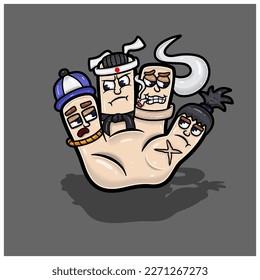 Cartoon Character Four Cute Faces In Hand. Rappers. Taekwondo, Smoker And Samurai. With Simple Gradients. Vectors And Illustrations
