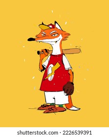 Cartoon character fox, a baseball player in a baseball cap and with a trap. Vector illustration