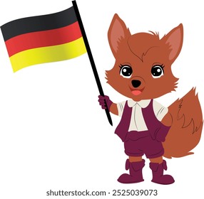 Um personagem de desenho animado de uma raposa vestindo o tradicional alemão lederhosen, segurando a bandeira da Alemanha 