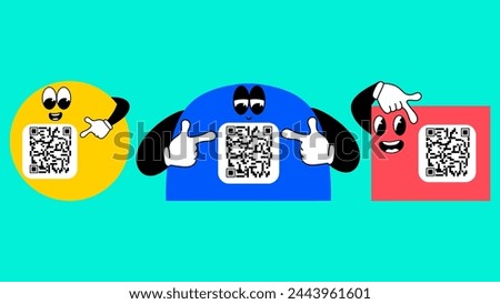 Cartoon character frames with space to add a QR code scan set. Vector illustration. 