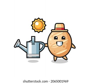 Cartoon character of french bread holding watering can , cute design