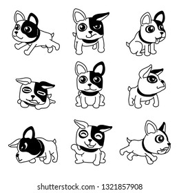 Cartoon character french bulldog poses set for design.