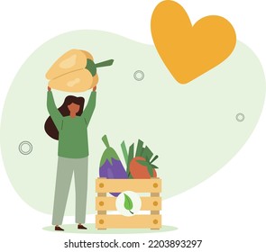 Cartoon Character And Fresh Organic Vegetables In A Crate .vector Illustration.