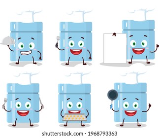 Cartoon character of fridge with various chef emoticons