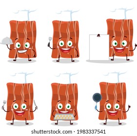 Cartoon character of fried bacon with various chef emoticons. Vector illustration