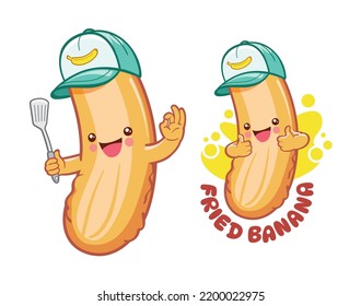 Cartoon character of fried banana wearing hat and holding spatula