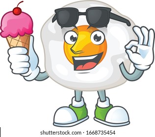 cartoon character of fried egg enjoying an ice cream