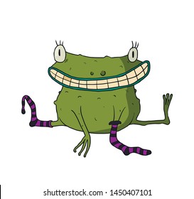 Сute cartoon character. Frog with purple socks. Funny toad smiles. Illustration for Halloween.