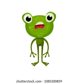 Cartoon character of frog with shocked face expression. Green amphibian animal with big head. Flat vector design for children book