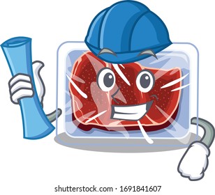 Cartoon character of frozen beef brainy Architect with blue prints and blue helmet