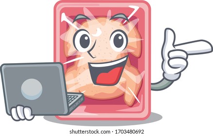 Cartoon character of frozen chicken clever student studying with a laptop