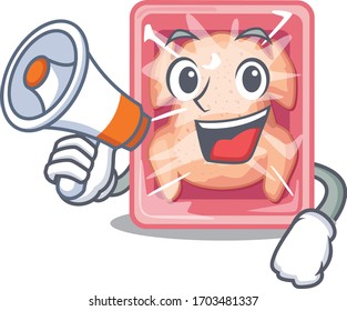Cartoon character of frozen chicken having a megaphone