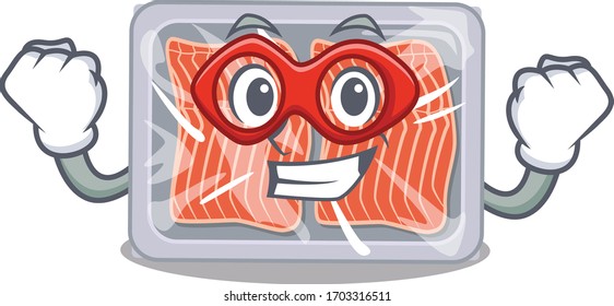 A cartoon character of frozen salmon performed as a Super hero