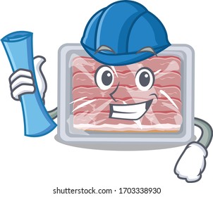 Cartoon character of frozen smoked bacon brainy Architect with blue prints and blue helmet