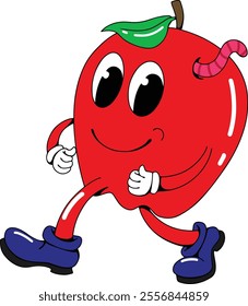 cartoon character fruit red apple walk on, retro style