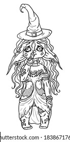 Cartoon character in full growth, fairytale creature, cute little witch dressed in attire for halloween, with long curly hair, in sharp cap and earrings, in dress - bat with grid, in strict collar.